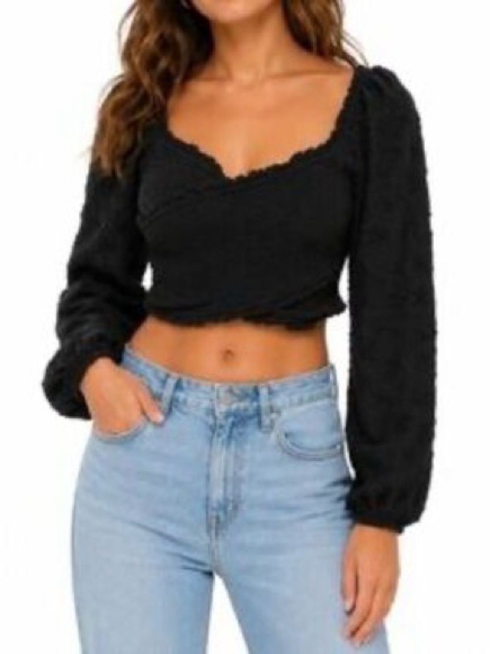 AE Long-Sleeve Smocked Blouse - Long Sleeve Black Floral Crossed Top